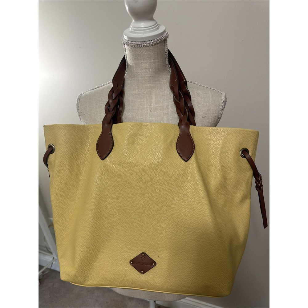 ST. JOHN'S BAY Yellow Faux‎ Pebbled Leather Satchel Tote with Cognac Brown Trim